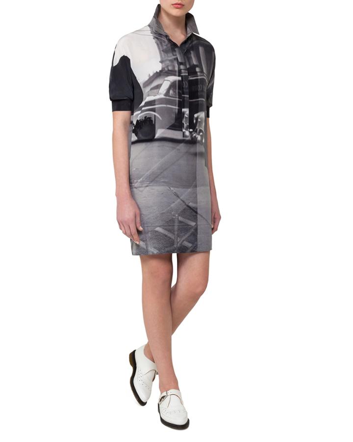 Three Women Short-sleeve Silk Polo Dress, Black