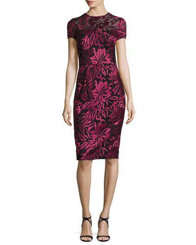 Short-sleeve Floral Embroidered Sheath Dress, Burgundy