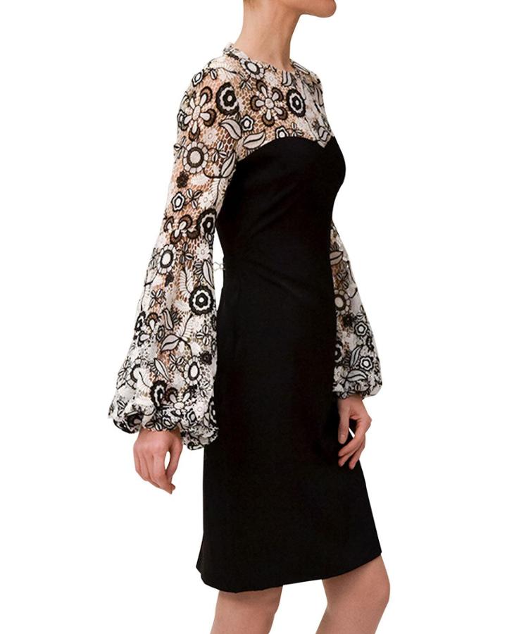Crepe & Lace Bell-sleeve Dress