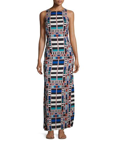 Geometric-print Column Maxi Dress, Riser Navy