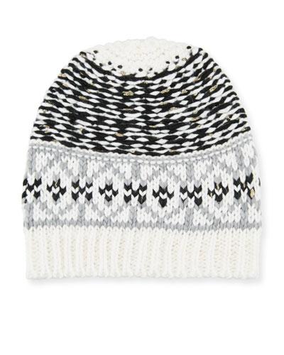 Mixed Fair Isle-pattern Knit Hat, Black/white