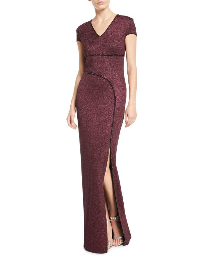 Mod Metallic Knit Cap-sleeve Column Gown