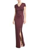 Mod Metallic Knit Cap-sleeve Column Gown