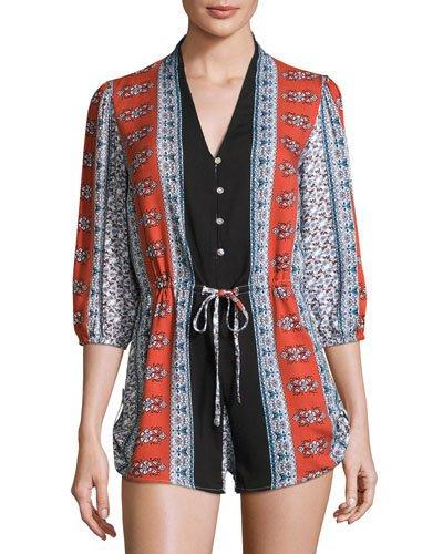 Mosaic-print Button-front Romper,