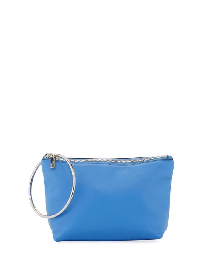 Large Leather Ring-handle Pouch Clutch Bag - Silver Hardware
