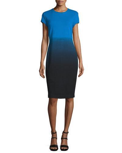 Short-sleeve Ombre Sheath Dress, Black/blue