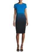 Short-sleeve Ombre Sheath Dress, Black/blue