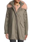Zip-front Cotton Utility Parka Jacket W/ Fox Fur Trim
