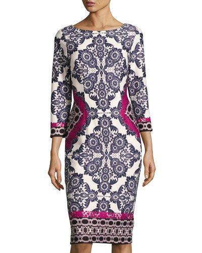 3/4-sleeve Geometric-print Sheath Dress, Blue