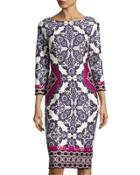 3/4-sleeve Geometric-print Sheath Dress, Blue