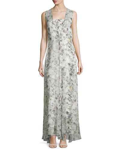 Sleeveless Floral-print Silk Gown, Cuban Forest