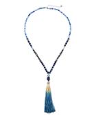 Long Beaded Faux-leather Tassel Necklace, Blue