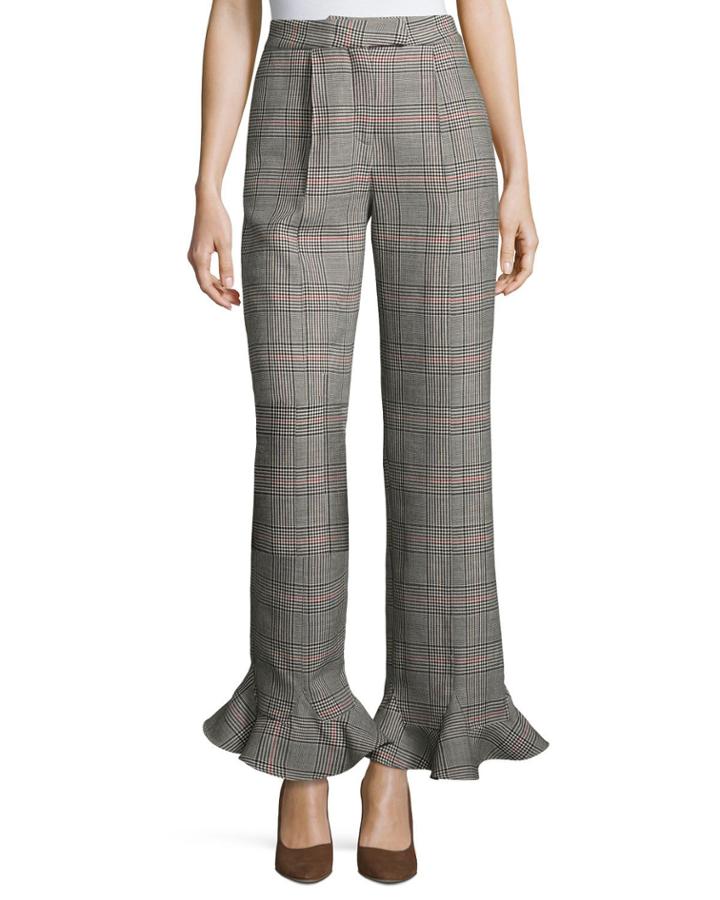 Cropped Ruffle-hem Plaid Pants