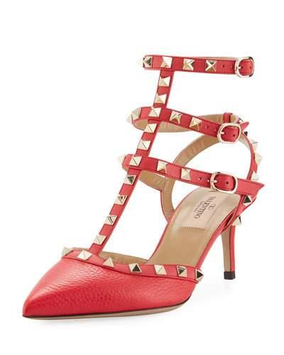 Rockstud Leather Low Pump, Deep Coral