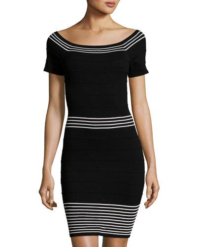 Short-sleeve Striped-trim Ottoman Dress, Black/white