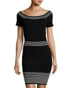 Short-sleeve Striped-trim Ottoman Dress, Black/white