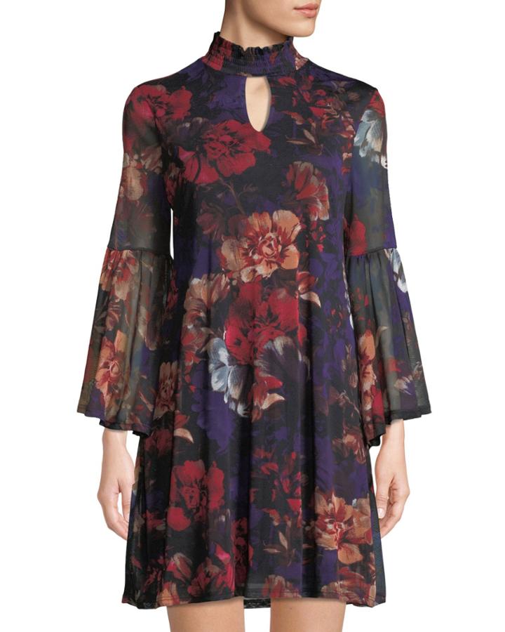 Floral-print Mesh Mock Neck Dress