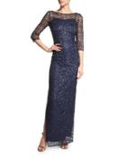 3/4-sleeve Sequined Lace Column Gown