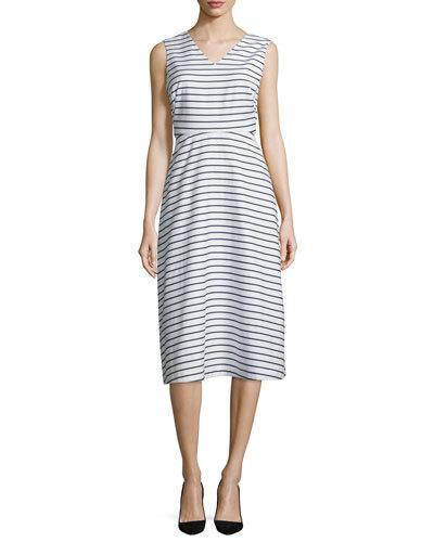 Sleeveless Striped A-line Dress, Ink