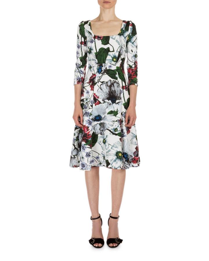 Yuki Garden 3/4-sleeve A-line Dress, Red/white