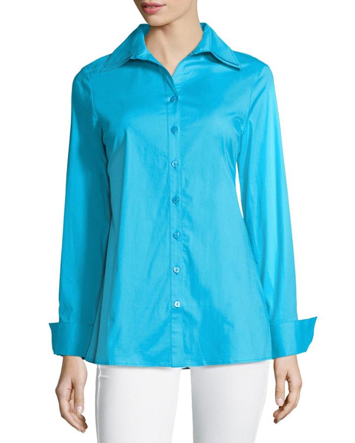 Long-sleeve Button-down Blouse, Blue