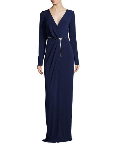 Long-sleeve Pleated-front Evening Gown,