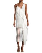 Asymmetric Ruffle Lace Midi Dress, Ivory