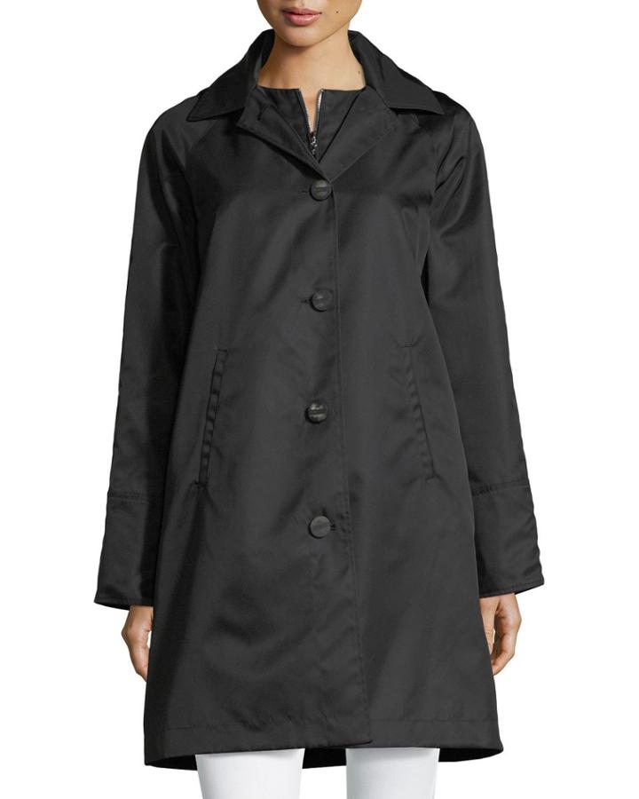 Button-front Long-sleeve Twill Midi Rain Coat W/ Bib