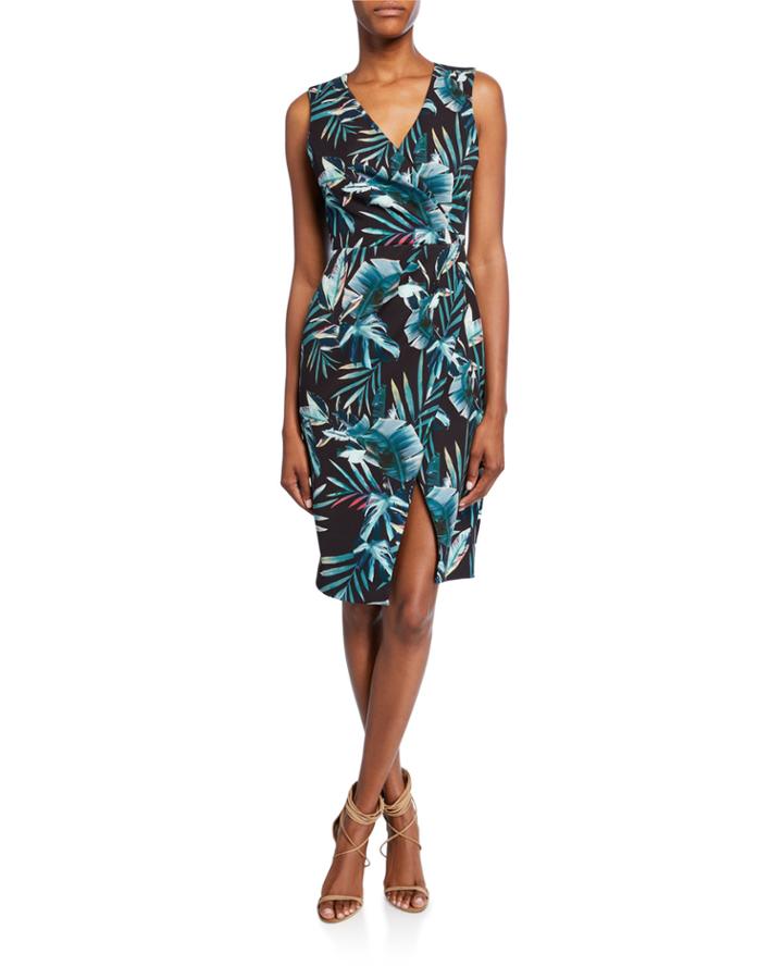 Nora Leaf-print Faux-wrap V-neck Sleeveless