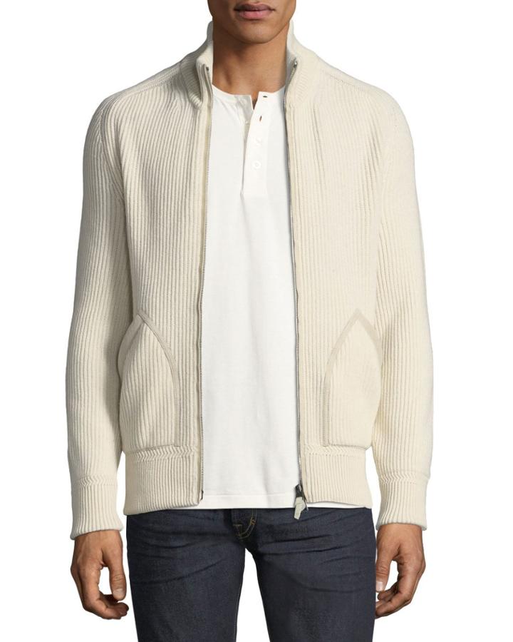 Cashmere Suede-trim Ribbed Zip-front Cardigan
