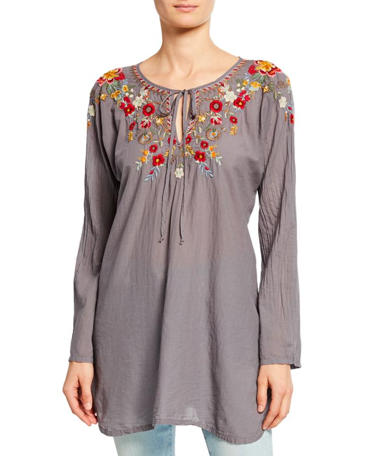 Autumn Bloom Tie-neck Embroidered Tunic