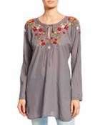 Autumn Bloom Tie-neck Embroidered Tunic