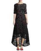 Elbow-sleeve High-low Lace 3-d Velvet Floral Cocktail Dress