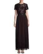 Sequined Lace Topped Gown, Black/red