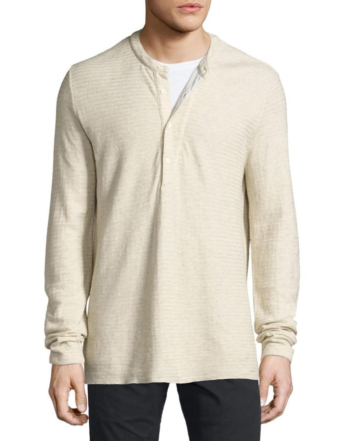 Striped Knit Henley T-shirt, Ivory