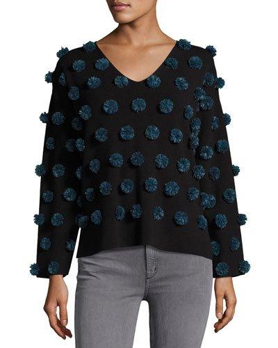 Pompom V-neck Top, Black