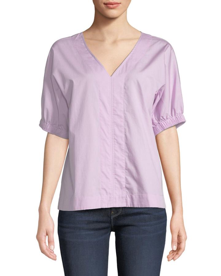 V-neck Puff-sleeve Poplin Top