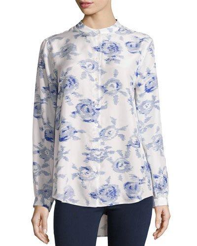 Henri Long-sleeve Silk Blouse, White/blue