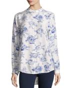 Henri Long-sleeve Silk Blouse, White/blue