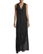 Woven Sleeveless Button-front Dress, Black