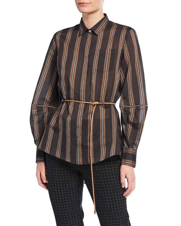 Monili-striped Striped Organza Button-front Blouse