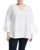 Ruffle Tiered-sleeve Blouse, White,