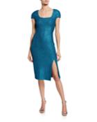 Luxe Sequin Square-neck Cap-sleeve Tuck Knit Dress