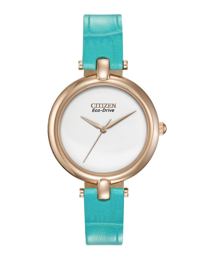 34mm Leather Eco-drive Watch, Turquoise