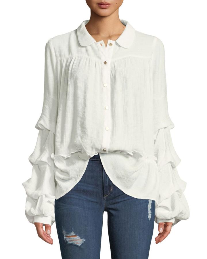Ruffle-tiered Sleeve Button-front Blouse
