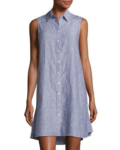 Pinstriped High-low Linen Tabard Dress, Blue Pattern