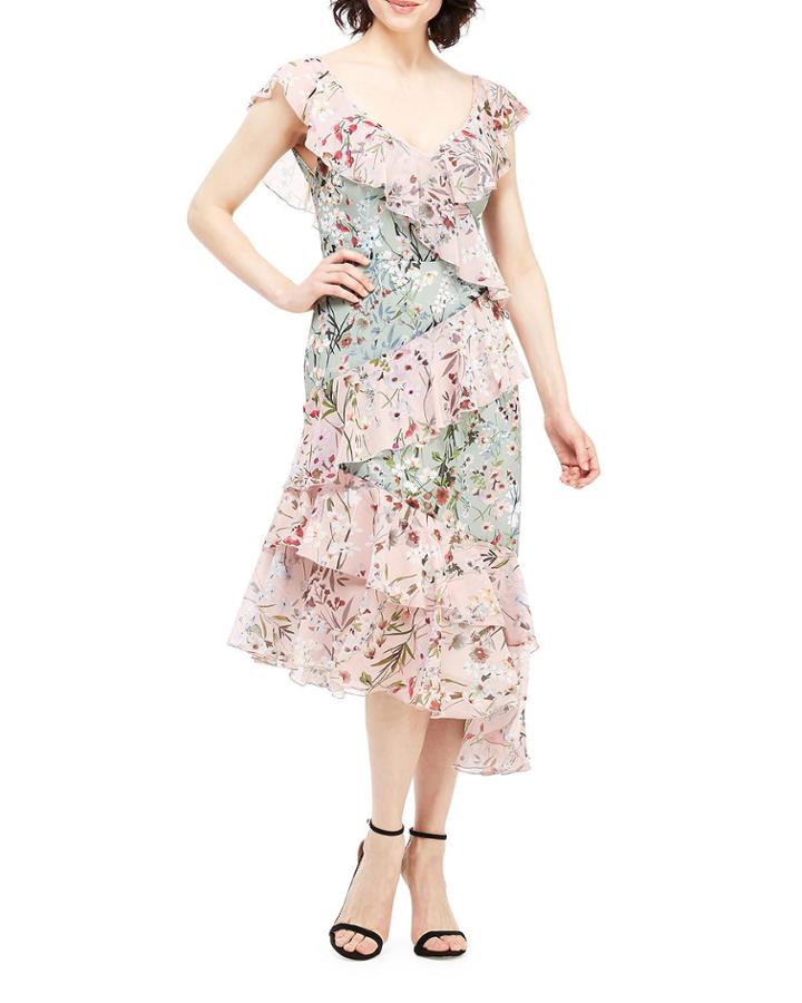 Asymmetrical Floral Print Tiered Ruffled Dress