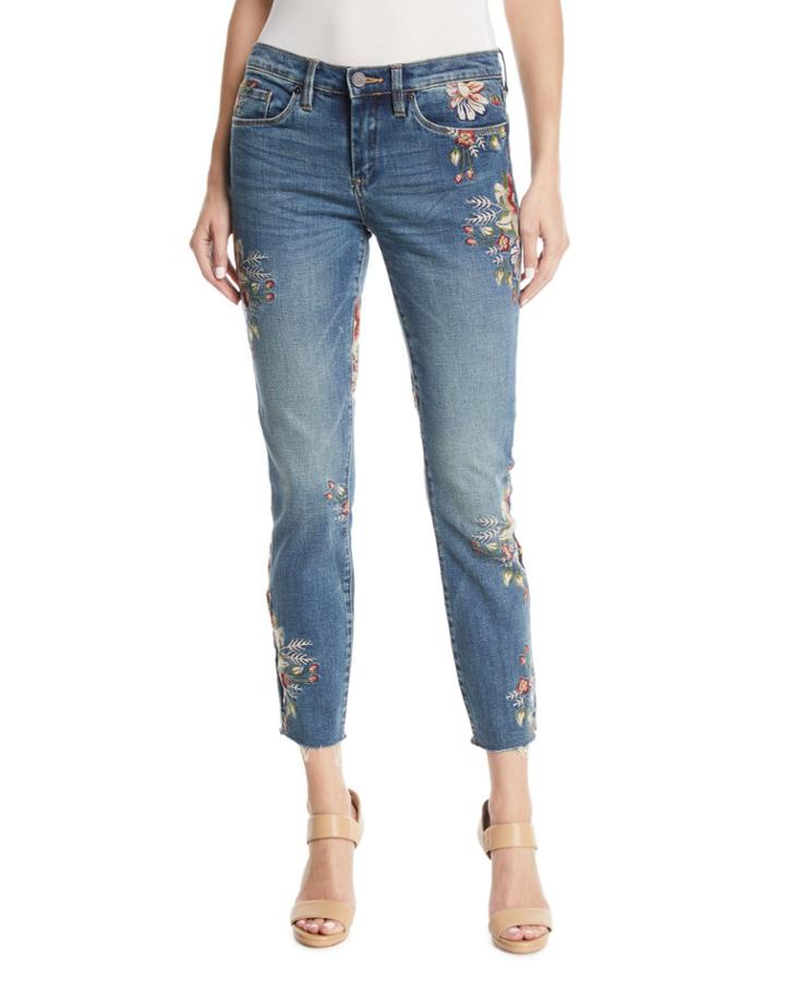 Green Thumb Floral-embroidered Skinny Cropped Jeans