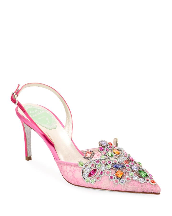 Crystal-beaded Lace/suede Halter Pumps