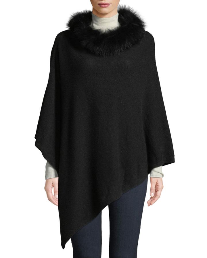Wool-blend Poncho With Fox Fur Cowl, Black